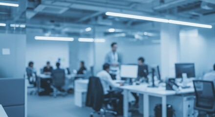 Blurry office scene with people working at desks under fluorescent lights in a blue toned setting