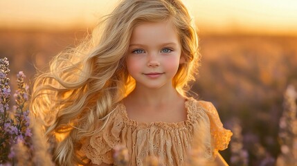 Fototapeta premium Golden Hour Girl: A Little Blonde Beauty in a Lavender Field