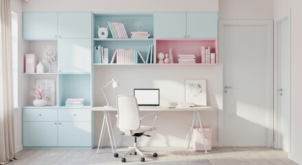 Bright home office setup with desk chair laptop and pastel shelving and cabinet storage units