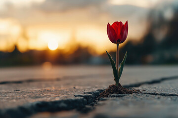 Red Tulip Blooming Through Crack in Pavement at Sunset: Symbol of Hope and Resilience World Parkinson's Day