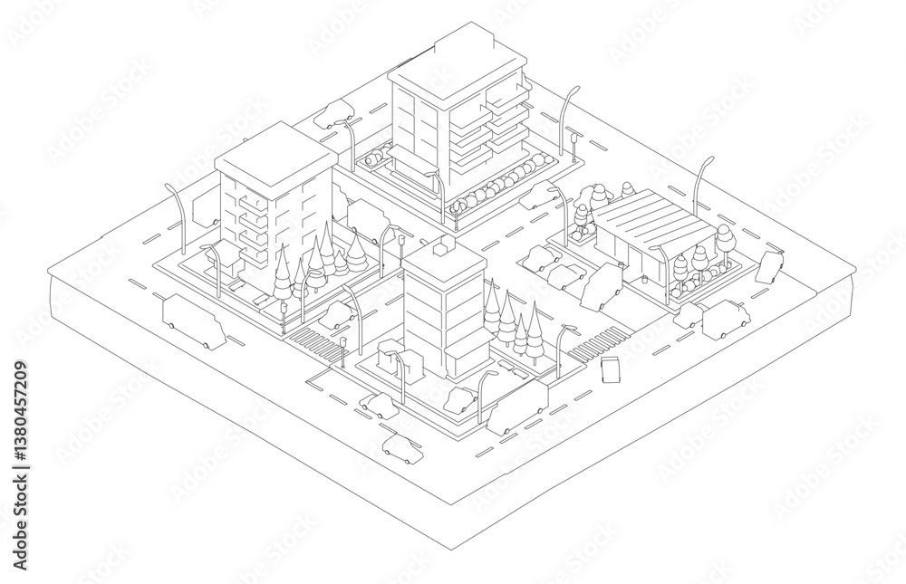 Poster a black and white drawing of a city block with a large building in the center. the drawing is abstra