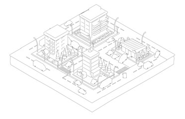 Fototapeta premium A black and white drawing of a city block with a large building in the center. The drawing is abstract and has a modern feel to it