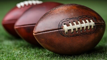 Obraz premium Three footballs arranged on green grass
