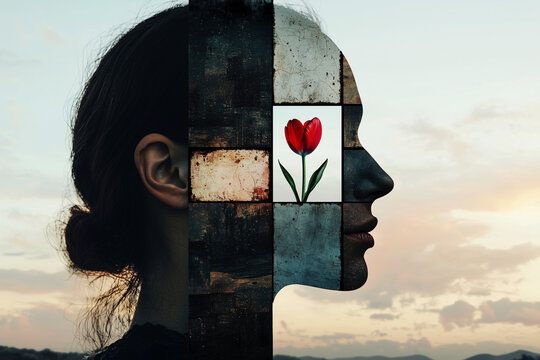A collage of textures forms a woman's profile, with a single red tulip symbolizing growth, resilience, and the blossoming of inner thoughts and emotions. World Parkinson's Day