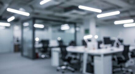 Fototapeta premium Blurry view of a modern office space with desks chairs and bright overhead fluorescent lighting system