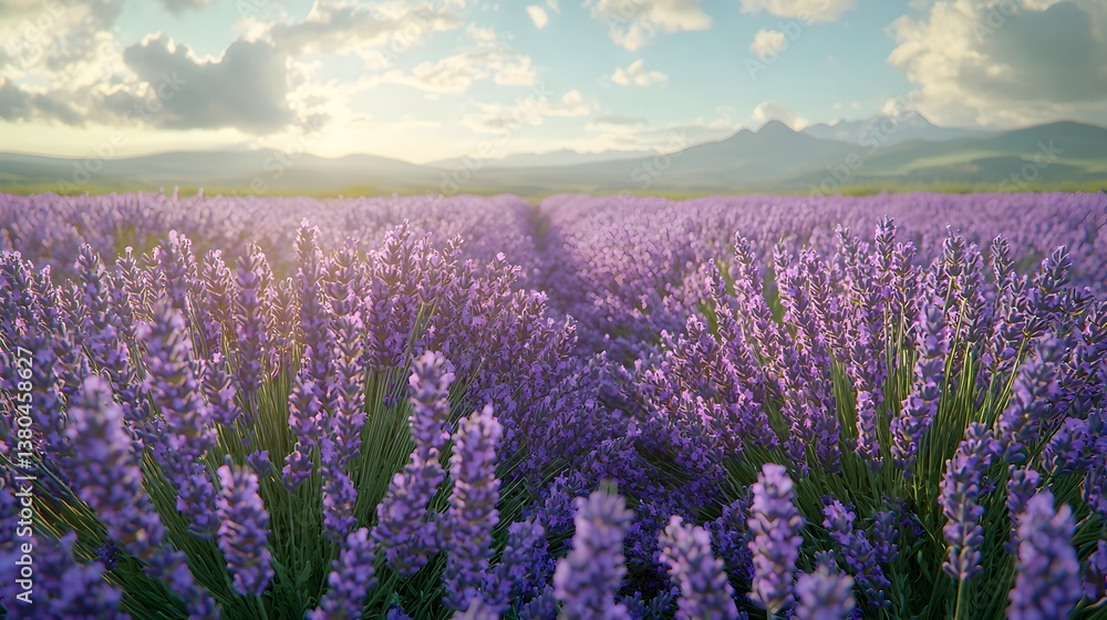 Poster a serene lavender field with soft billowing clouds casting gentle shadows