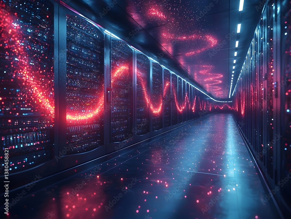 Poster futuristic quantum computer server room with swirling particles of light
