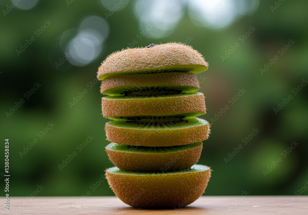 Poster stack of sliced kiwi fruit with green background shows fresh kiwi slices stacked on wooden surface c