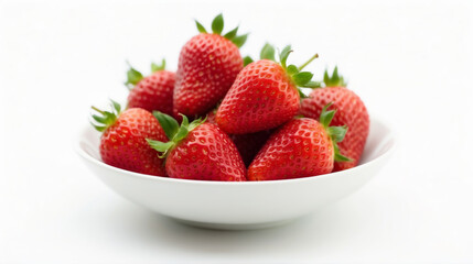 A white round bowl filled with fresh red strawberries on a white background
