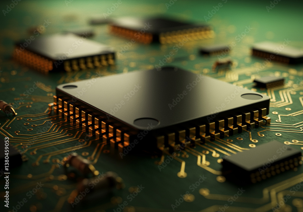 Poster microchip on circuit board featuring technology and electronic components showcasing computer hardwa