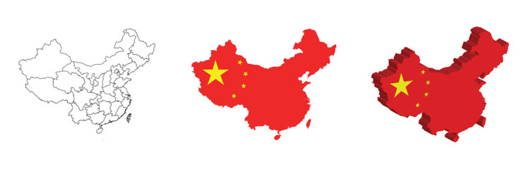 China outline, fill with flag and 3d map