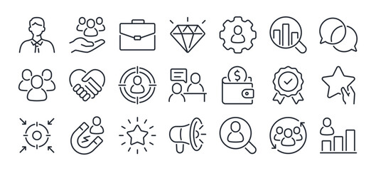 Employer branding editable stroke outline icons set isolated on white background flat vector illustration. Pixel perfect. 64 x 64.