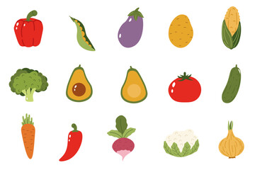 Flat style collrction of various vegetables including broccoli, tomato, and avocado, ideal for healthy eating, cooking, and vegetable-inspired design projects.