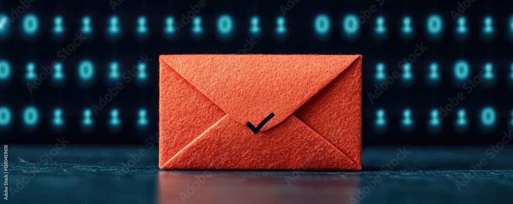 Poster a vibrant orange envelope sits on a dark surface, with a backdrop featuring glowing binary code, sym