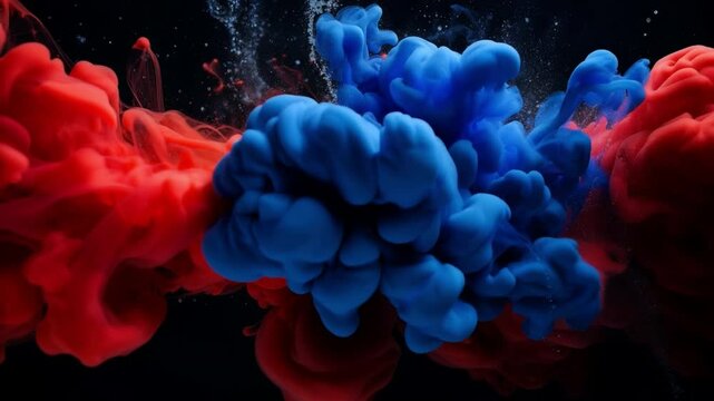 Dynamic Ink Fusion: An abstract composition where vibrant red and blue inks collide and merge underwater, creating a mesmerizing spectacle of color and motion.