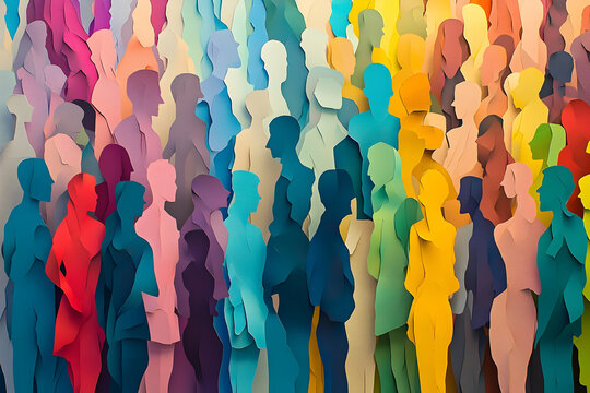 Diverse multicolored silhouette crowd art with vibrant paper cutouts