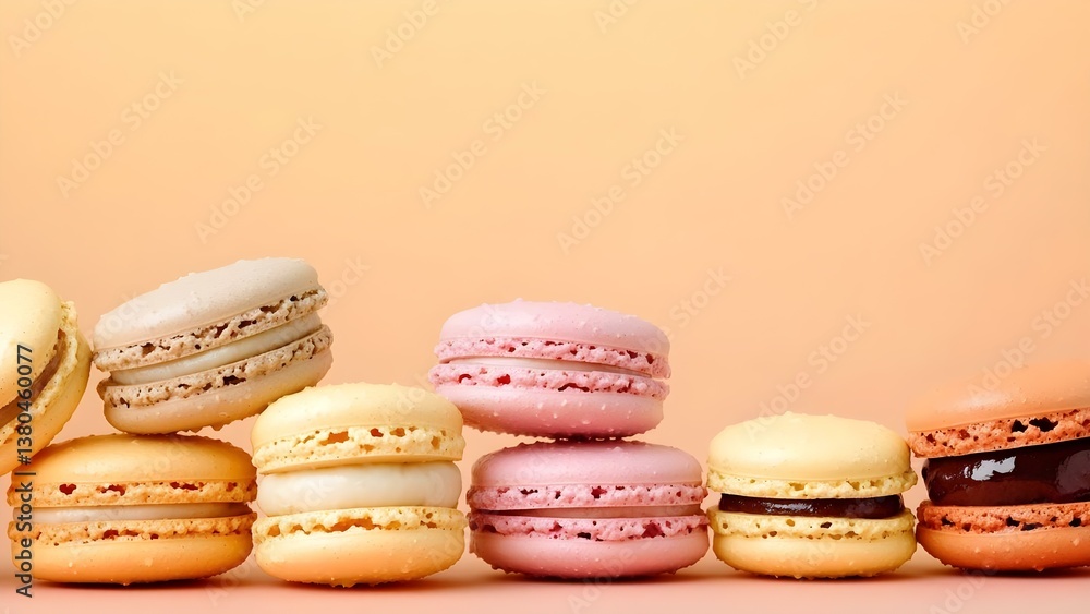 Poster a colorful assortment of macarons in various flavors arranged in a row against a soft orange backgro