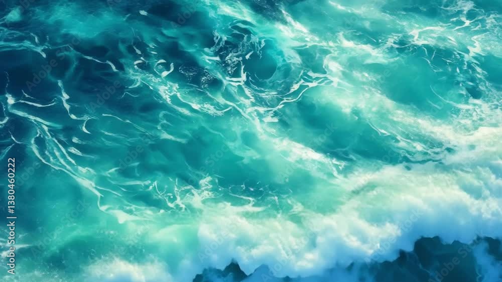 Poster turquoise ocean waves with foam forming patterns under bright sunlight creating a serene aquatic sce
