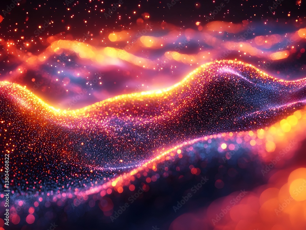 Poster quantum data streams of colorful glowing particles merging and splitting in a dynamic pattern