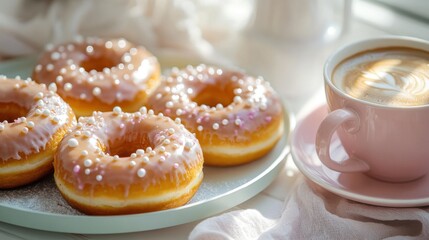 Freshly Glazed Donuts with Coffee on Light-Colored Plate in Morning Light