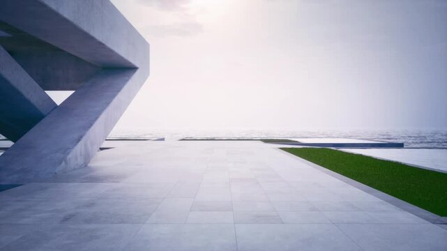 Empty concrete floor terrace near water in pond. 3d rendering of abstract gray building with sea and clear sky background.