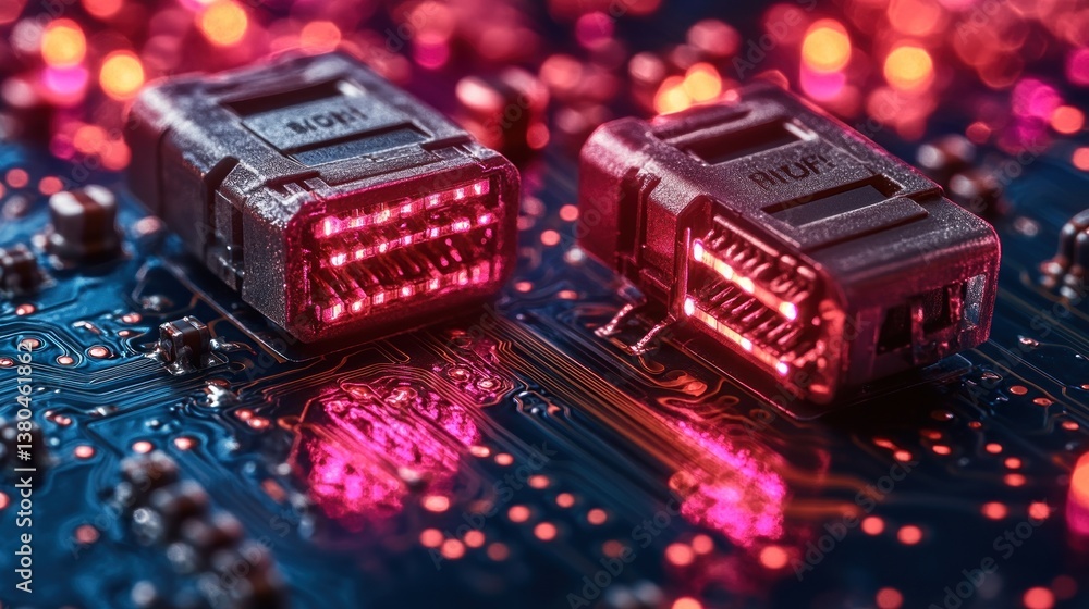 Poster high-tech connectors on circuit board: illuminated data transfer