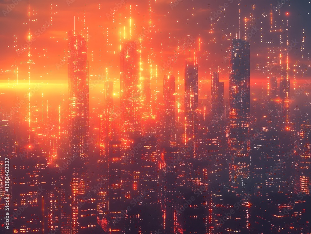 Poster futuristic cityscape with glowing particles symbolizing quantum internet streams