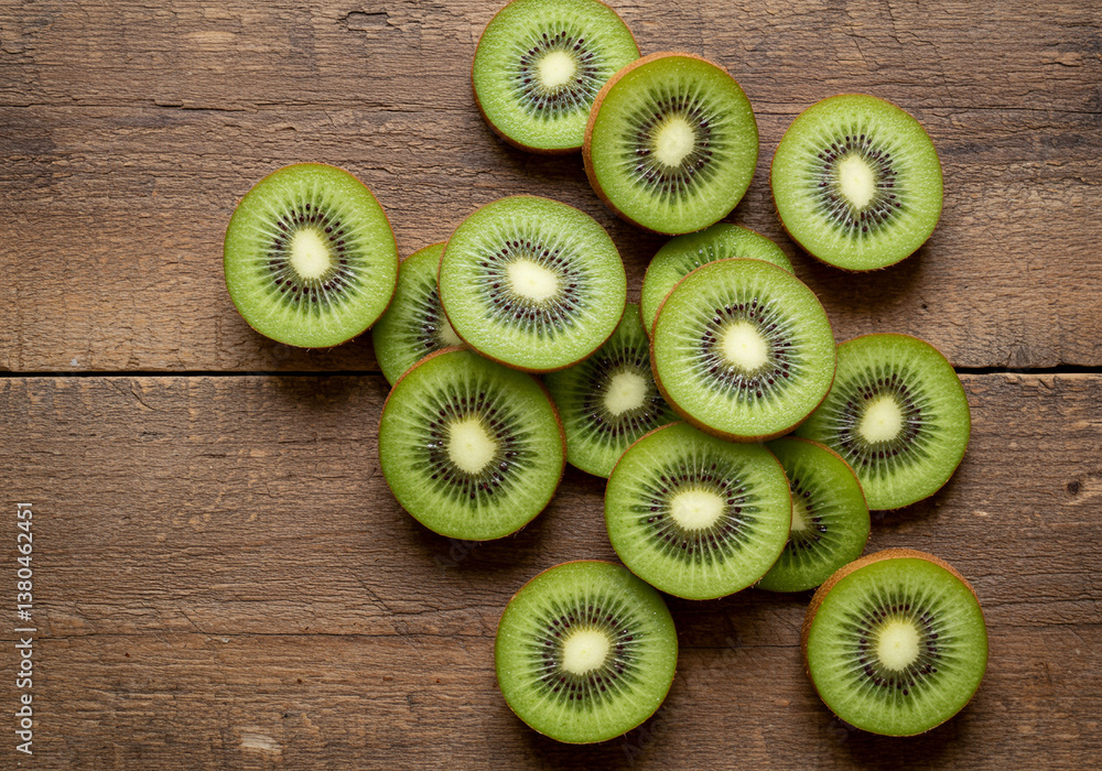 Poster kiwi slices on wooden surface displaying fresh green kiwi fruit cut into round slices showing juicy 
