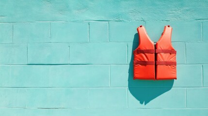 Safety-certified kayak life vest in striking red, highlighted against a cool teal background.
