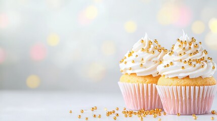 Two elegantly frosted cupcakes adorned with golden sprinkles, set against a soft, blurred background, creating a delightful and festive atmosphere.