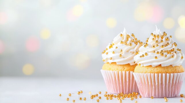 Two elegantly frosted cupcakes adorned with golden sprinkles, set against a soft, blurred background, creating a delightful and festive atmosphere.