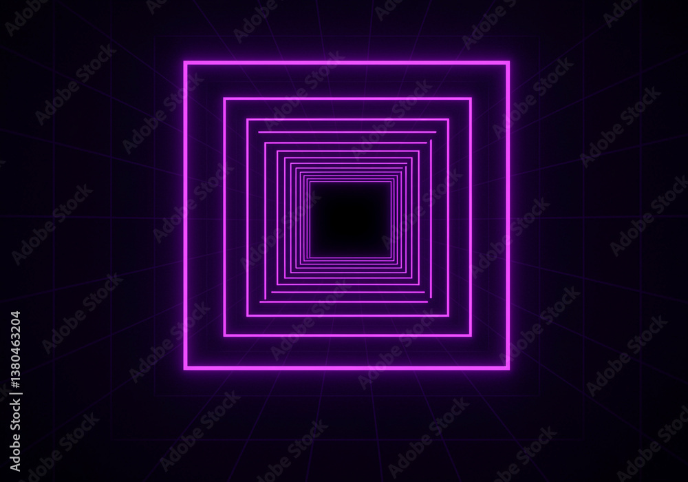 Poster neon squares tunnel with neon lights and graphic design. the image features a mesmerizing tunnel of 