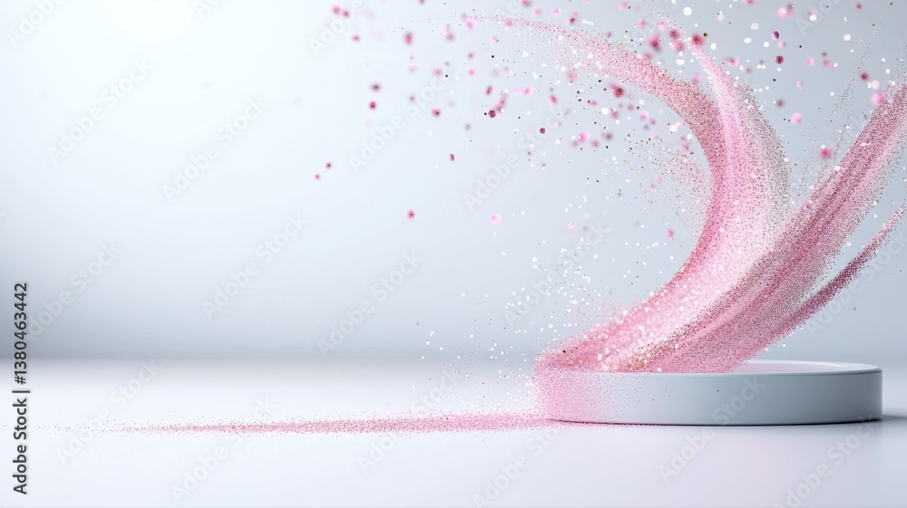 Poster pink powder swirl creating a dynamic visual effect on a white background, symbolizing creativity and