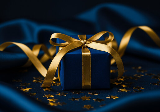 Gift box with golden ribbon on blue silk fabric and star shaped glitters present a wrapped gift box with a golden bow and ribbon on a blue silk fabric surface with star shaped glitters - Powered by Adobe