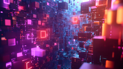 Obraz premium Neon cubic digital landscape with glowing geometric shapes
