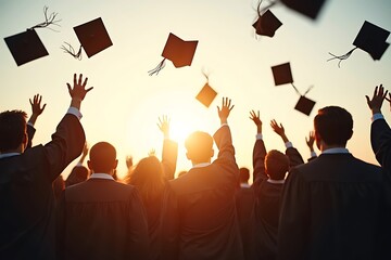 Excited Graduates Celebrating Academic Success with Caps Thrown in Air at Sunset