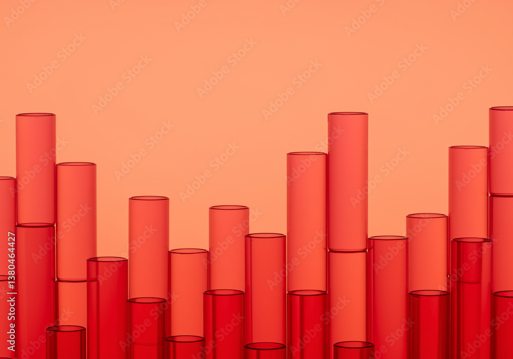 Poster arrangement of red glass tubes in varying heights on a red background creating an abstract bar graph