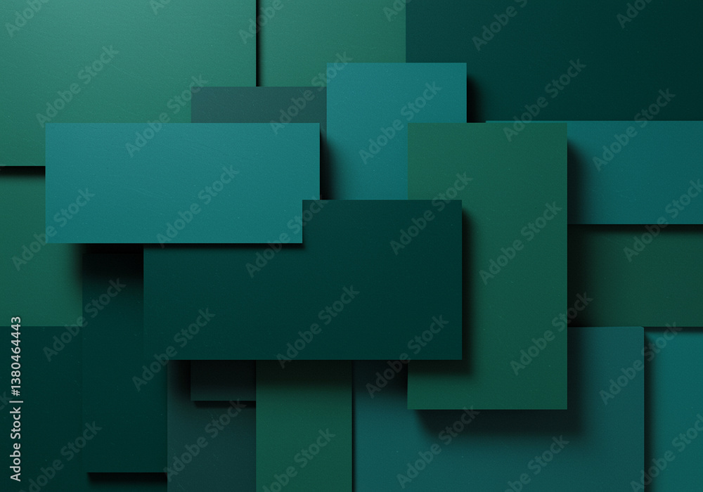 Poster geometric shapes in shades of green create abstract background with overlapping rectangles and squar