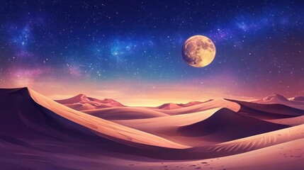 Serene Desert Night: A Full Moon Illuminates the Sands Under a Starry Sky
