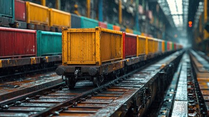 Obraz premium Rainy Day at the Steel Mill: Colorful Cargo Train on Wet Tracks