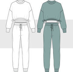 Jogger and sweatshirt tracksuit set for women technical drawing, home wear, sleep wear, sweatshirt and pajama set illustration, vector, Cad, Mockup.