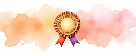 Award medal with ribbon on watercolor background  