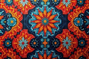 Intricate textile with bold geometric motifs, playful color blocking, modern, trend, fashion