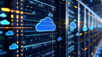 Visually rich infographic of a holographic server floating between two sleek digital hubs, surrounded by cloud icons, network lines, and operational metrics panels - Powered by Adobe