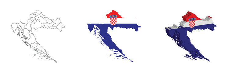 Obraz premium Croatia outline, fill with flag and 3d map