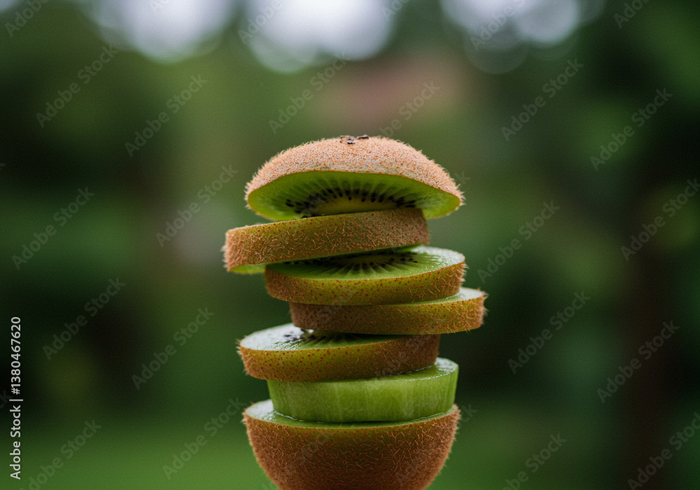 Poster kiwi fruit stack of fresh kiwi slices with green background. stack of kiwi slices creating a tower o