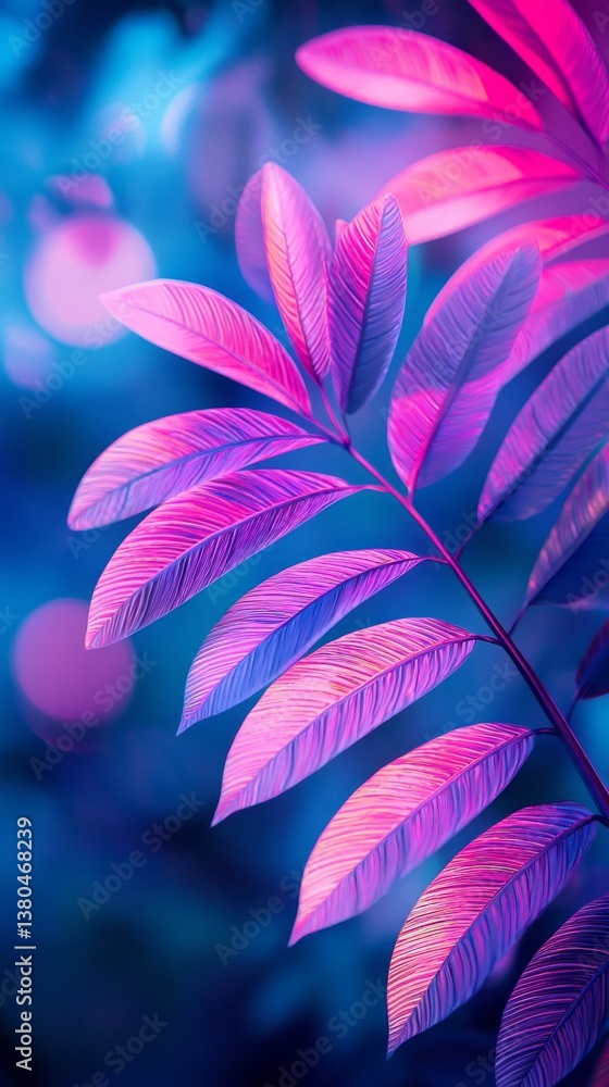 Poster delicate leaves shimmer in shades of purple and blue, creating a surreal atmosphere. the soft light 