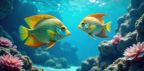 Obraz premium Aquatic scene with discus fish swimming in turquoise blue background, discus fish, aquatic life