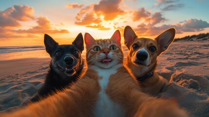 A cat wearing a purple collar is taking a selfie at sunset with two dogs in the background.