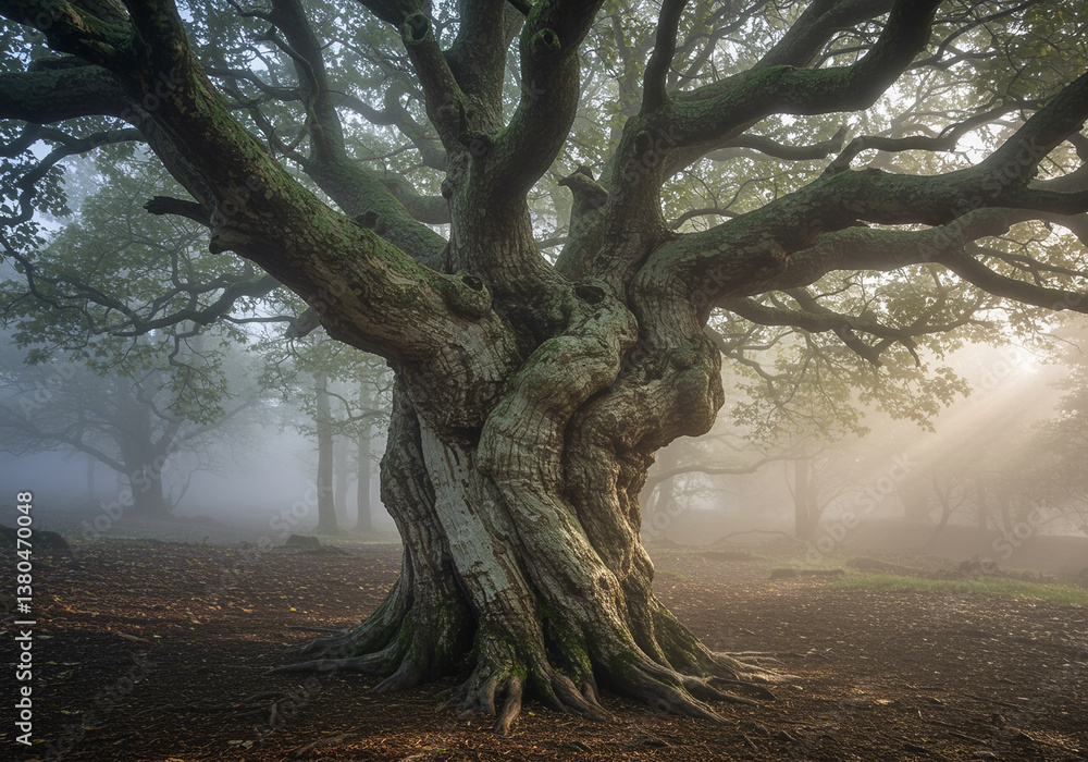 Poster mystical tree in foggy forest with sun rays shining through ancient oak branches creating magical at